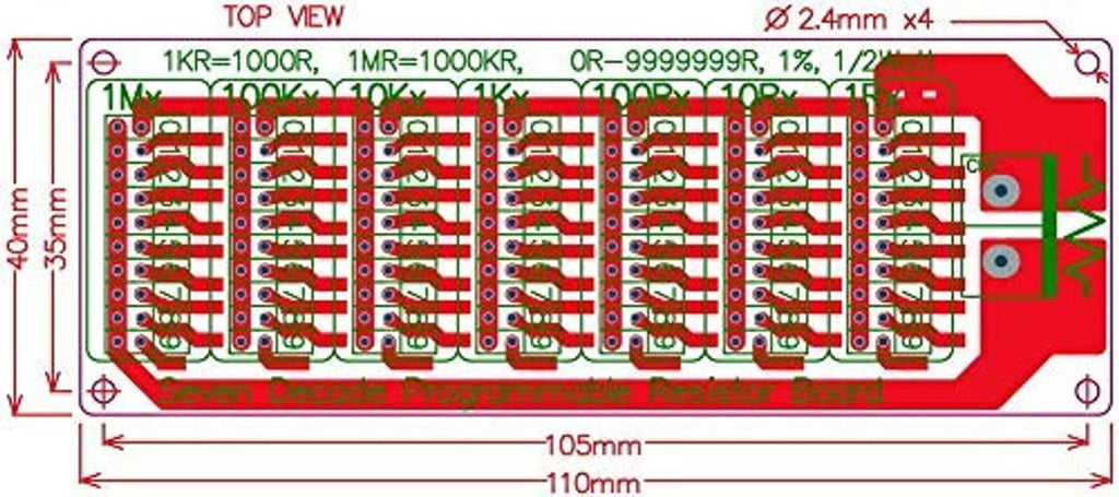 Top-view diagram of programmable resistor board with dimensions and resistor labels