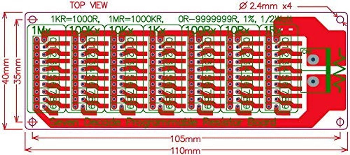 Top-view diagram of programmable resistor board with dimensions and resistor labels