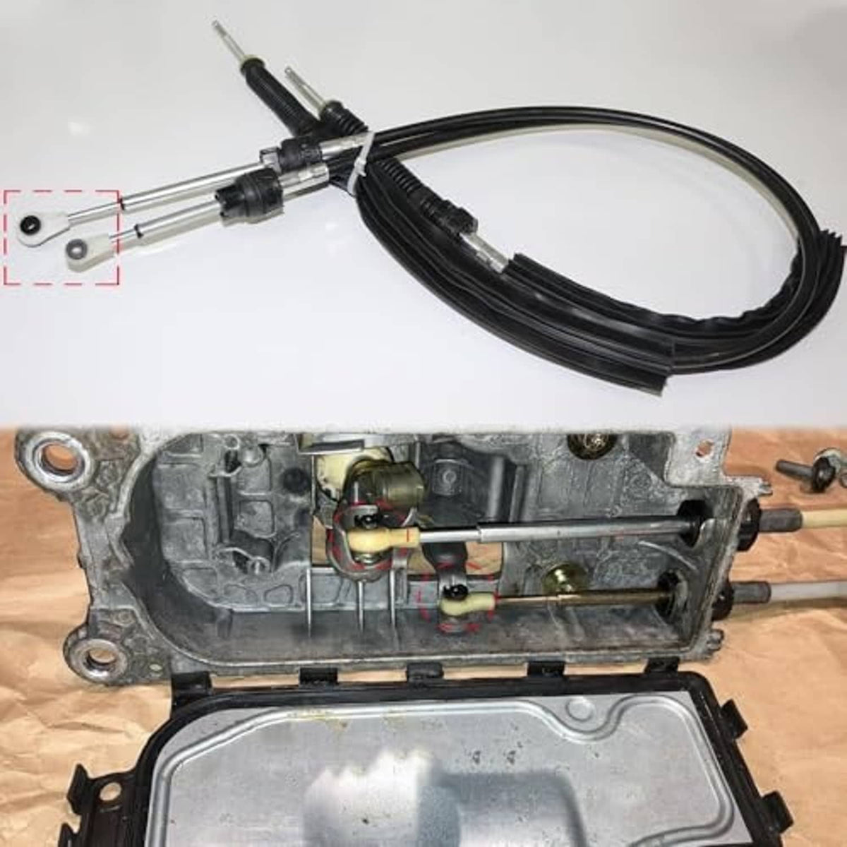 Shift cable bushing repair kit with black cable boots, short rods, and metal end clips