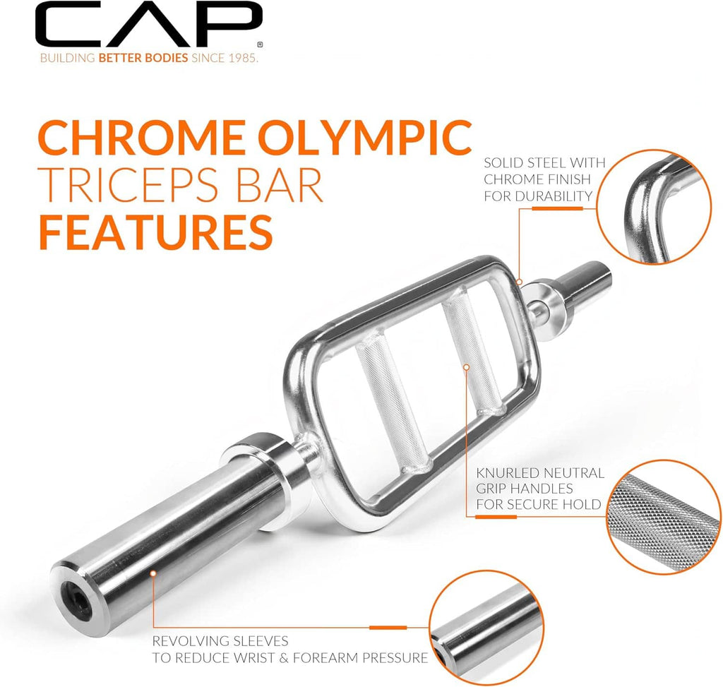 Chrome triceps bar with rectangular center frame and knurled neutral grip handles