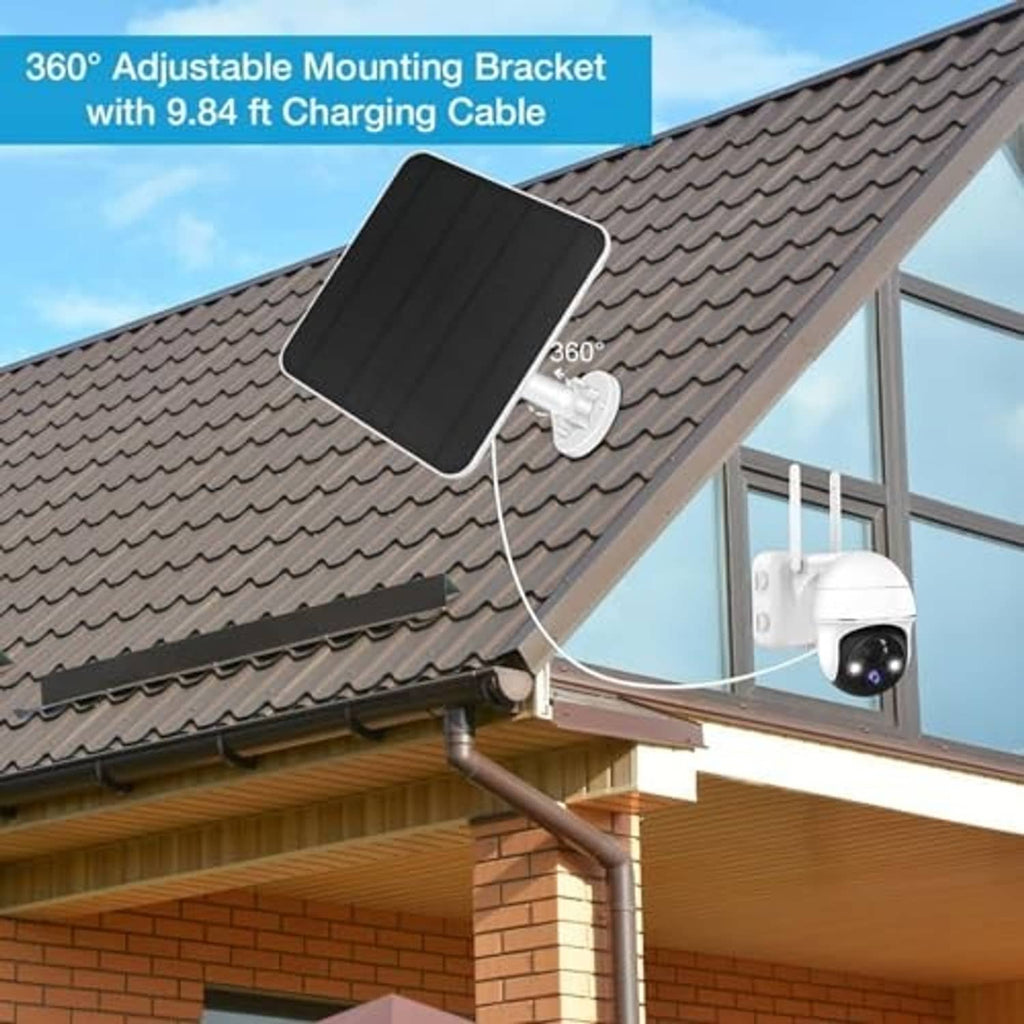 Black solar panel mounted on 360° adjustable bracket with charging cable
