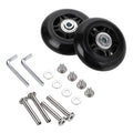 Rubber swivel luggage wheel set with two black wheels, axle bolts, washers, and tools