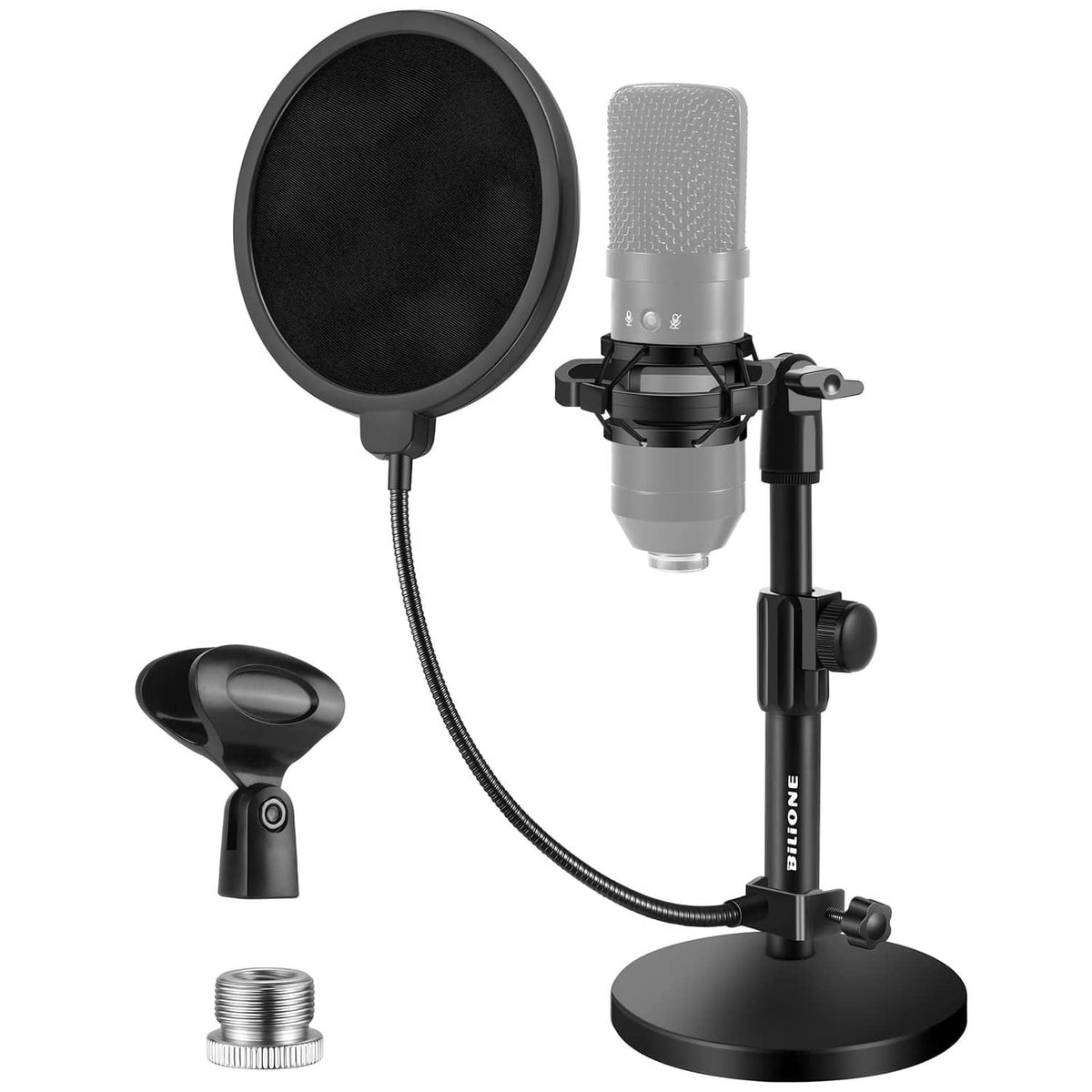 Black desktop microphone stand kit with round base, shock mount, and pop filter