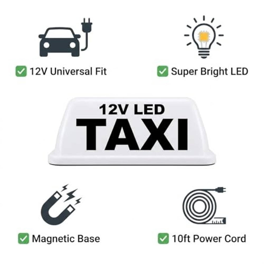 White 12V taxi LED roof light with magnetic base and 10ft power cord icons