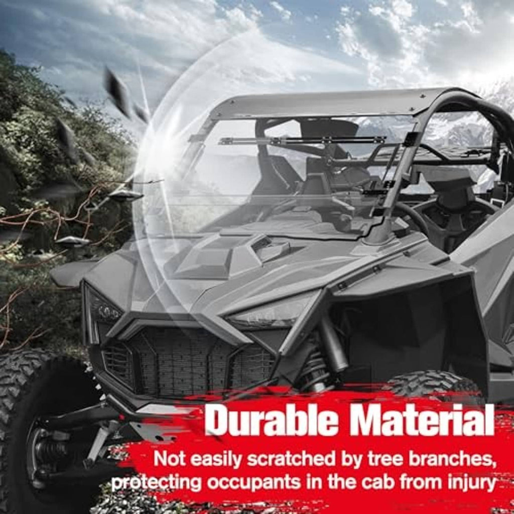 Flip-up windshield with clear shield and curved front frame on an off-road UTV
