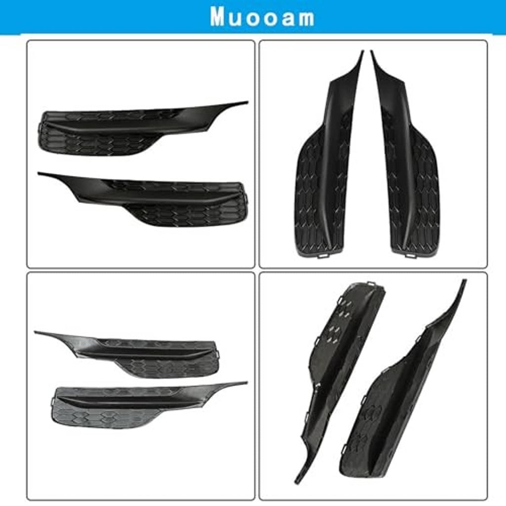 Set of black fog light cover fins with textured honeycomb mesh for bumper