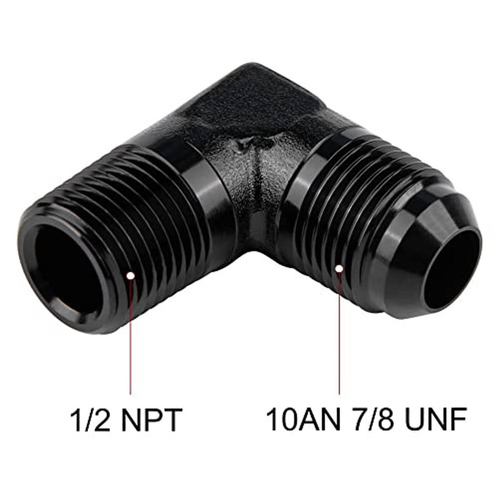 90-degree elbow adapter labeled 1/2 NPT and 10AN 7/8 UNF connections