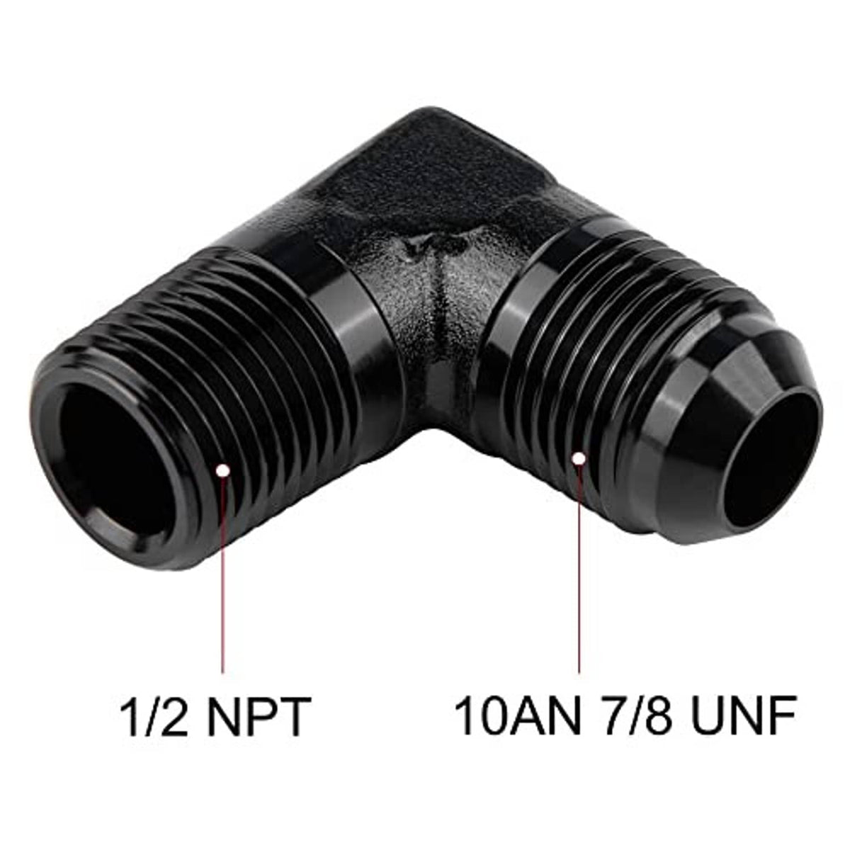90-degree elbow adapter labeled 1/2 NPT and 10AN 7/8 UNF connections