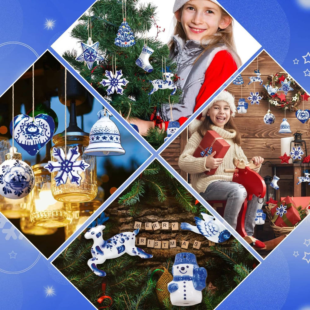 Blue-and-white porcelain Christmas ornament set shown with kids and hanging decorations.