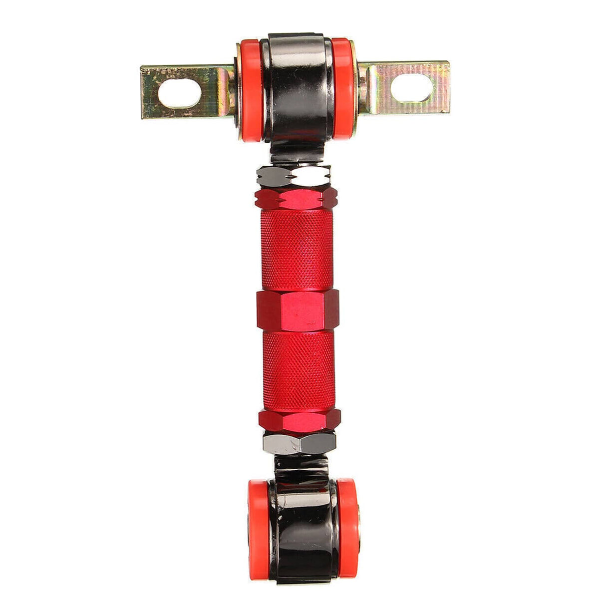 Adjustable rear camber control arm rod with red bar, black housing, and bracket mounts