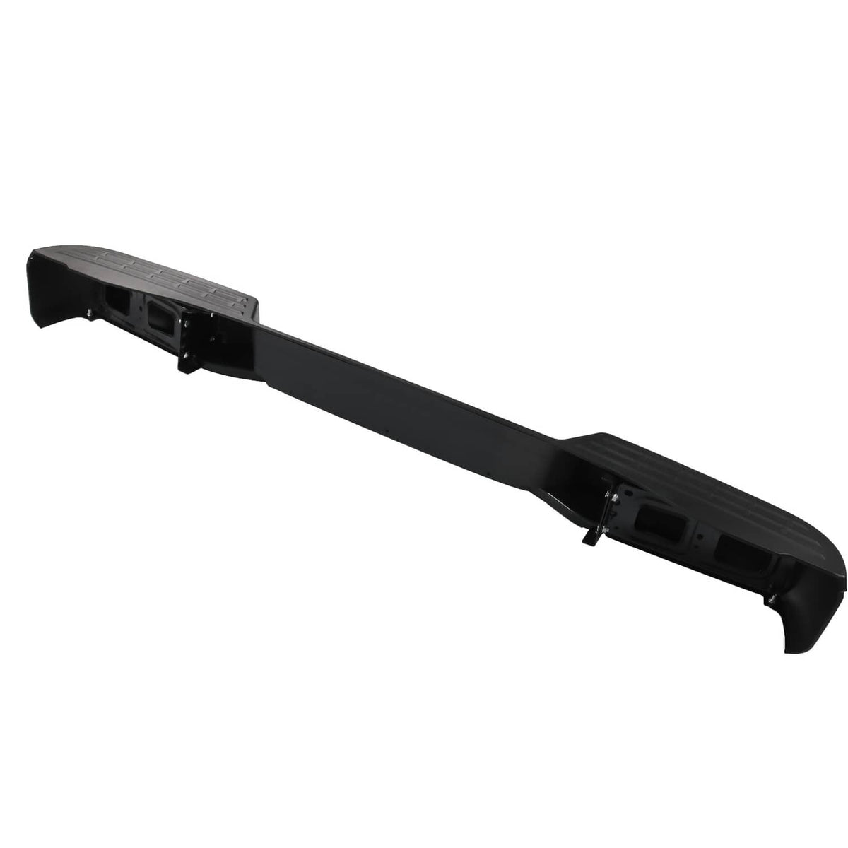 Black rear step bumper assembly underside view with mounting brackets