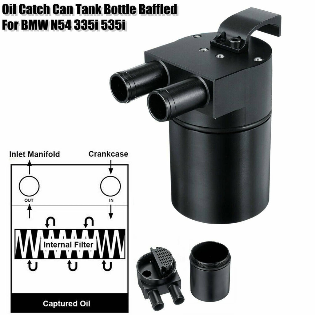 Black baffled oil catch can tank with dual ports and included internal filter