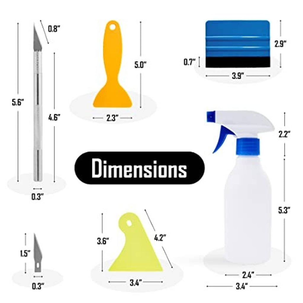 Window tint kit sizing diagram with squeegee tool and spray bottle