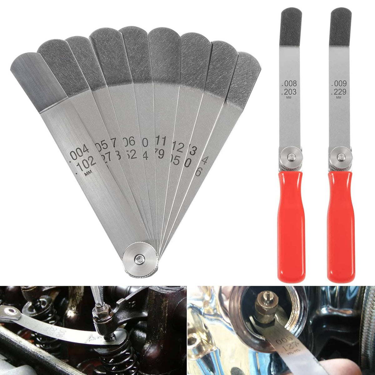 Valve tappet feeler gauge set with offset steel blades and 2 red handles