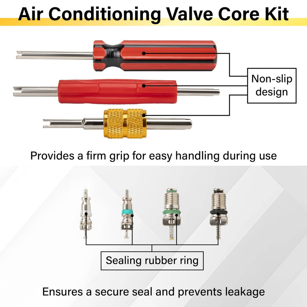 Red-handled valve core tool kit with gold coupler and sealing rubber cores