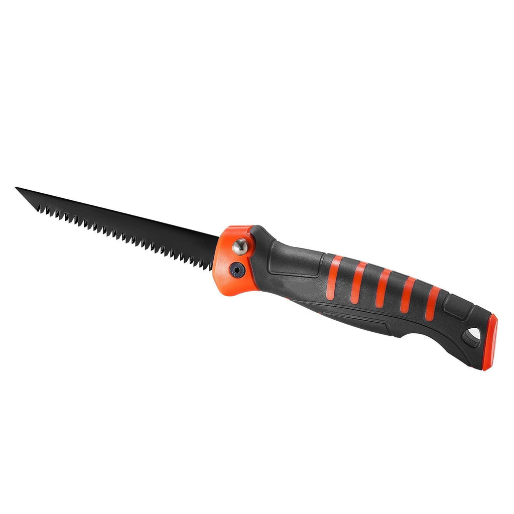 Folding hand saw with black and orange soft-grip handle and 5 in serrated blade
