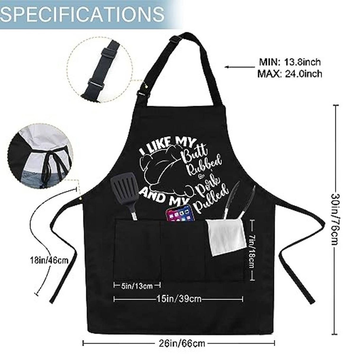 Black grilling apron flat view with adjustable straps, front pocket, utensil text graphic