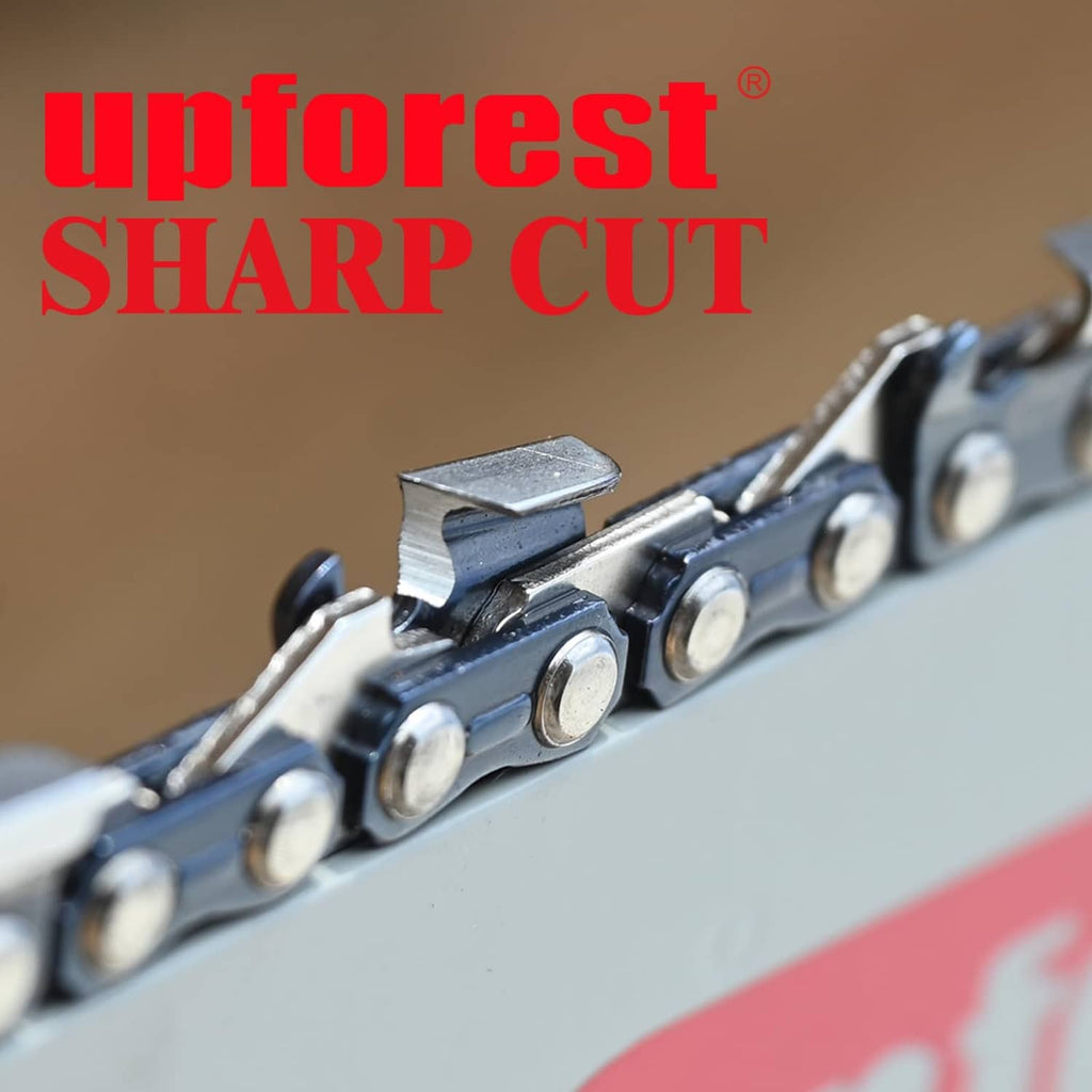 UPFOREST saw chain cutting teeth close-up for sharp cut, silver and blue links