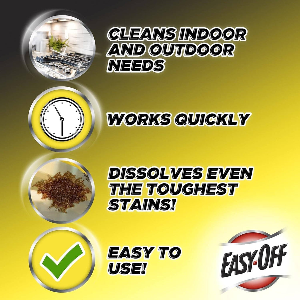 Heavy duty degreaser cleaner spray promotional graphic with Easy-Off logo and use icons