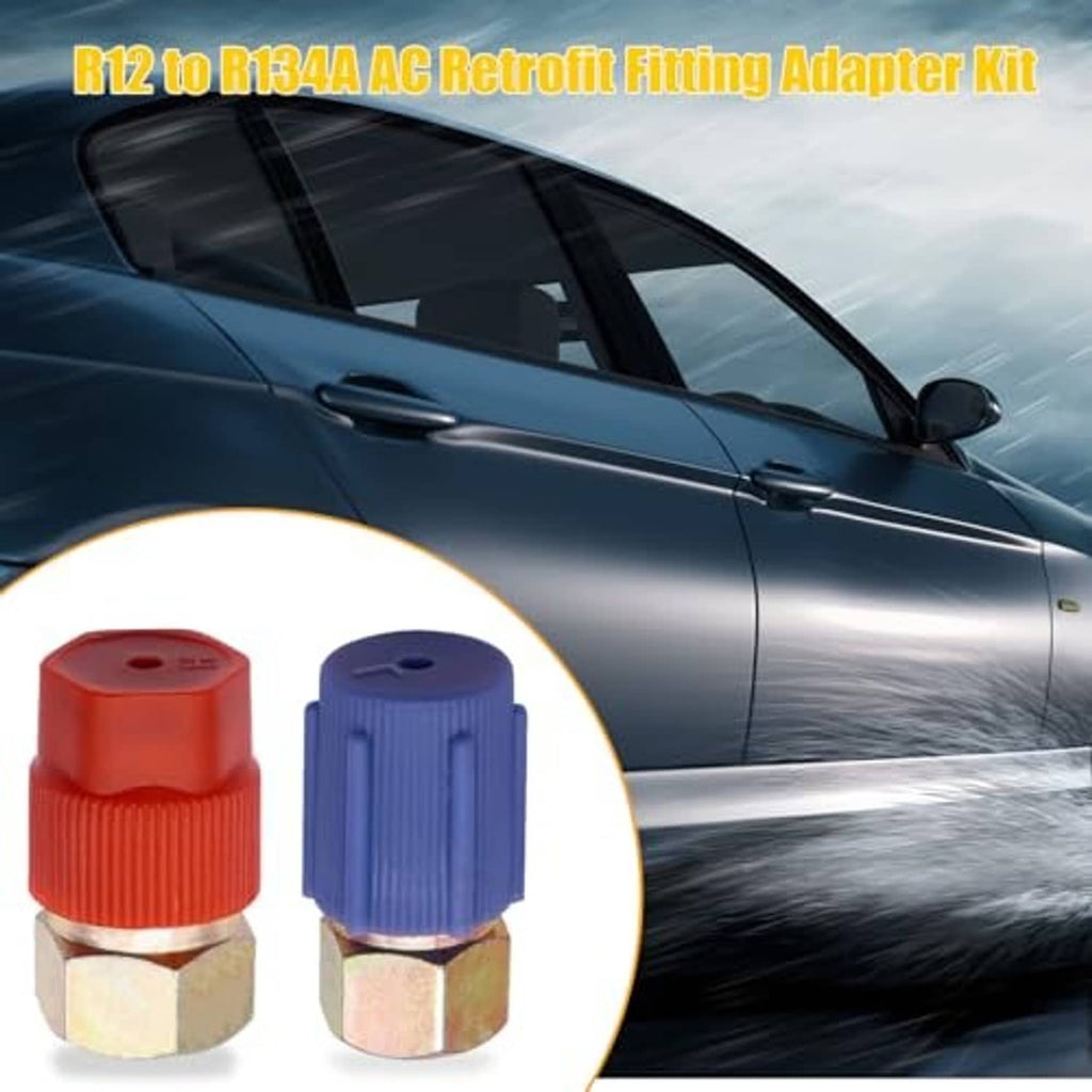 A/C retrofit adapter kit with red and blue low/high-side fittings and dust caps