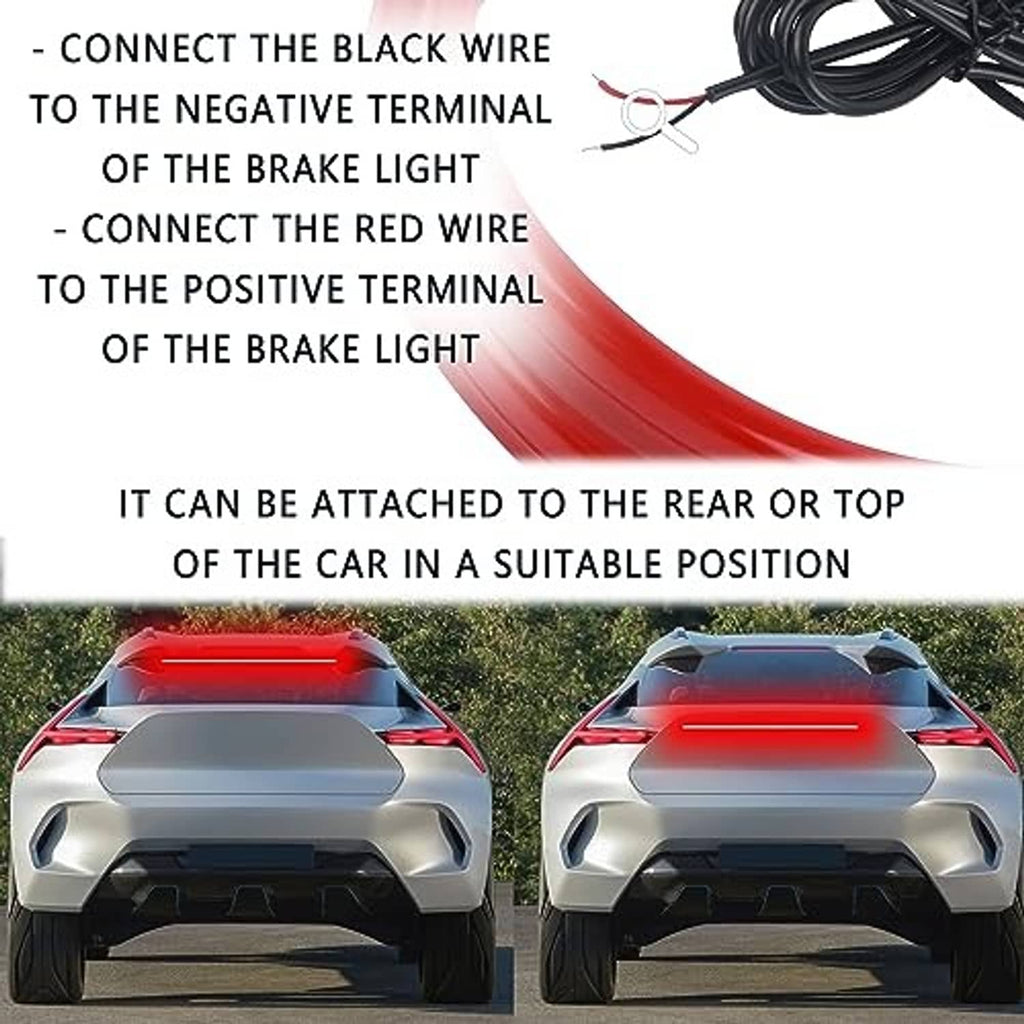 Red LED third brake light strip with black and red leads for top or rear mounting