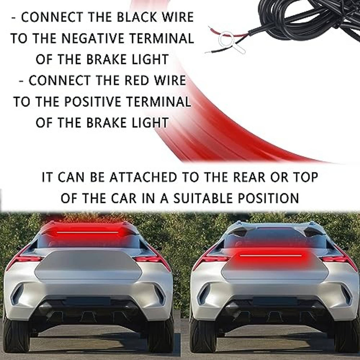 Red LED third brake light strip with black and red leads for top or rear mounting