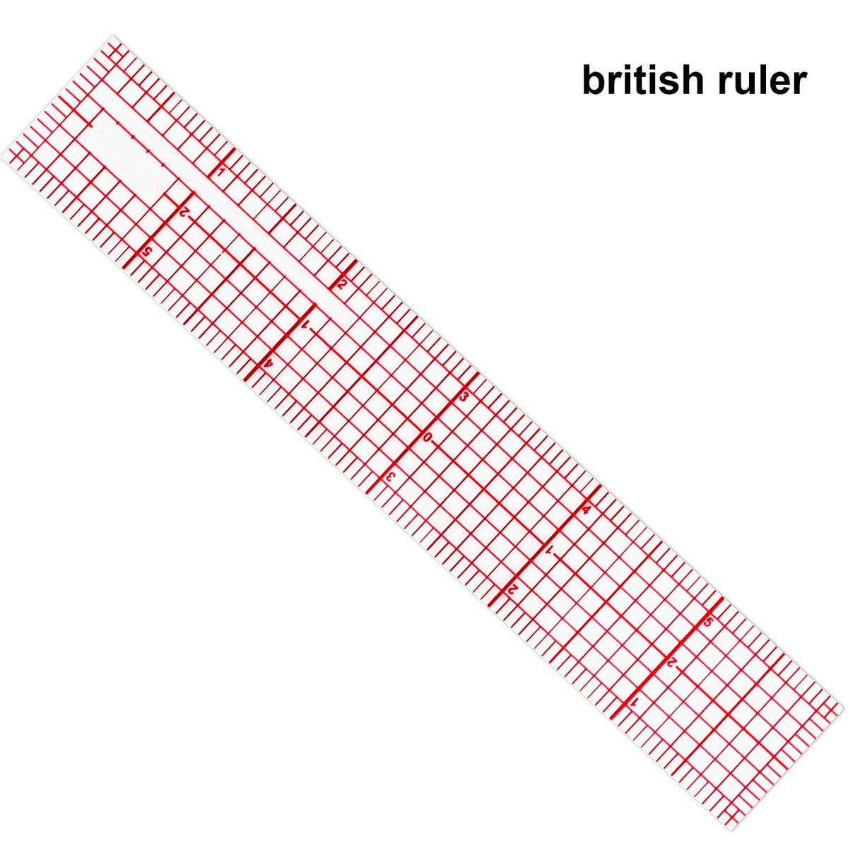 Clear plastic grid ruler with red inch markings and straight edge, diagonally shown