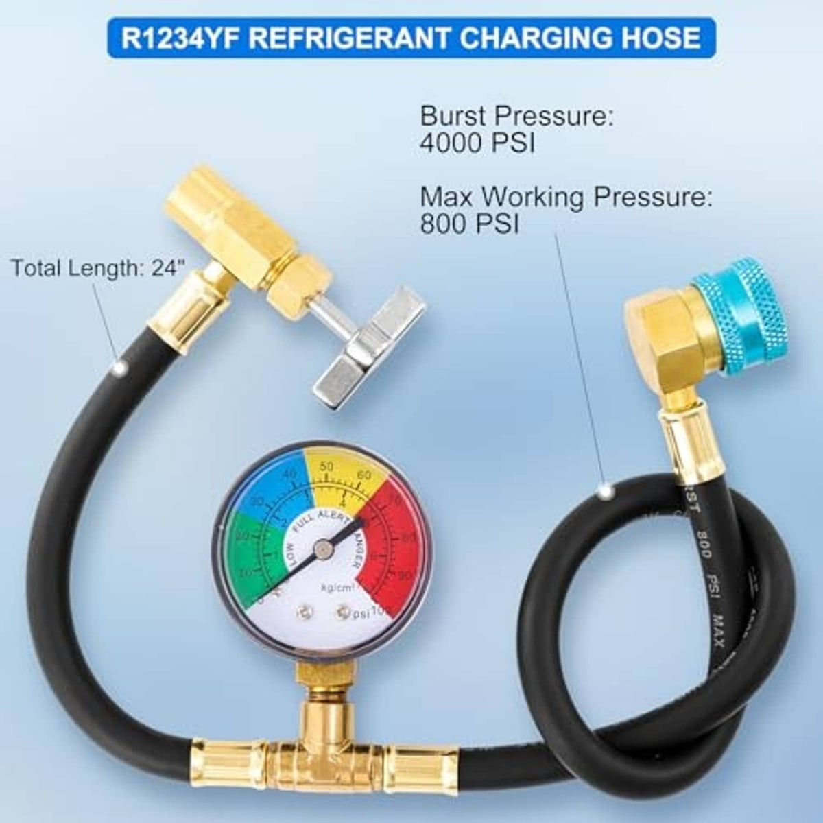 R1234yf refrigerant charging hose set with pressure gauge and two hose connectors