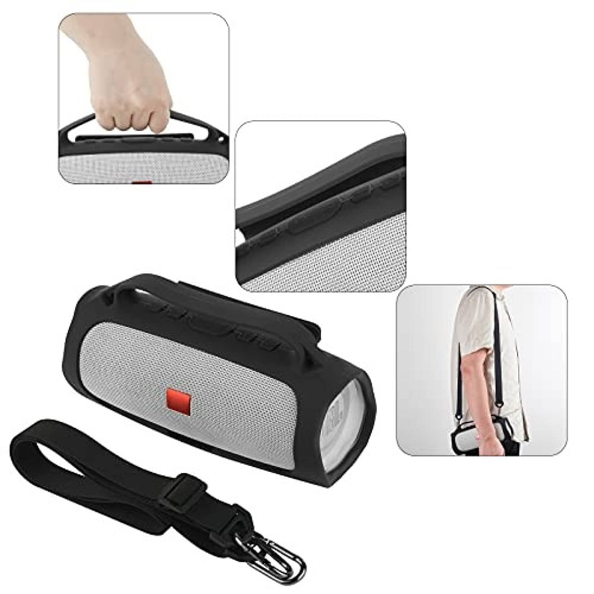 Silicone portable speaker case showing gray mesh front with black protective corners