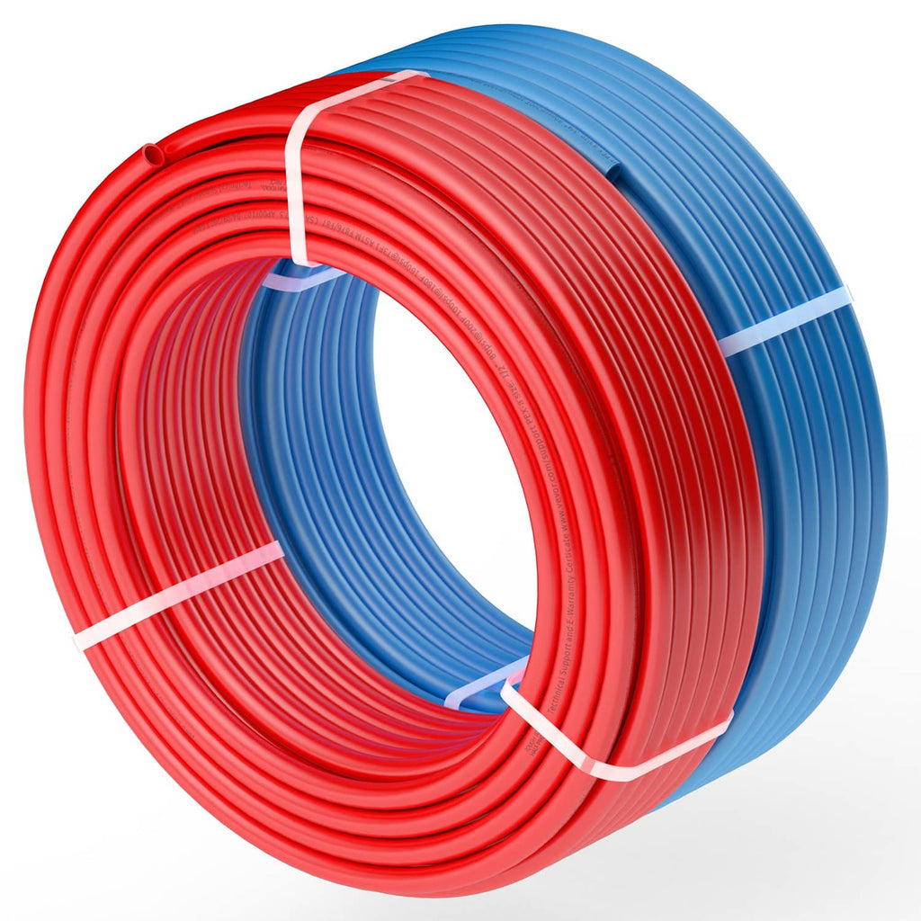 Two-color PEX-A tubing coil bundle in red and blue with white tie bands