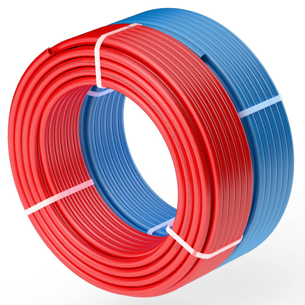 Two-color PEX-A tubing coil bundle in red and blue with white tie bands