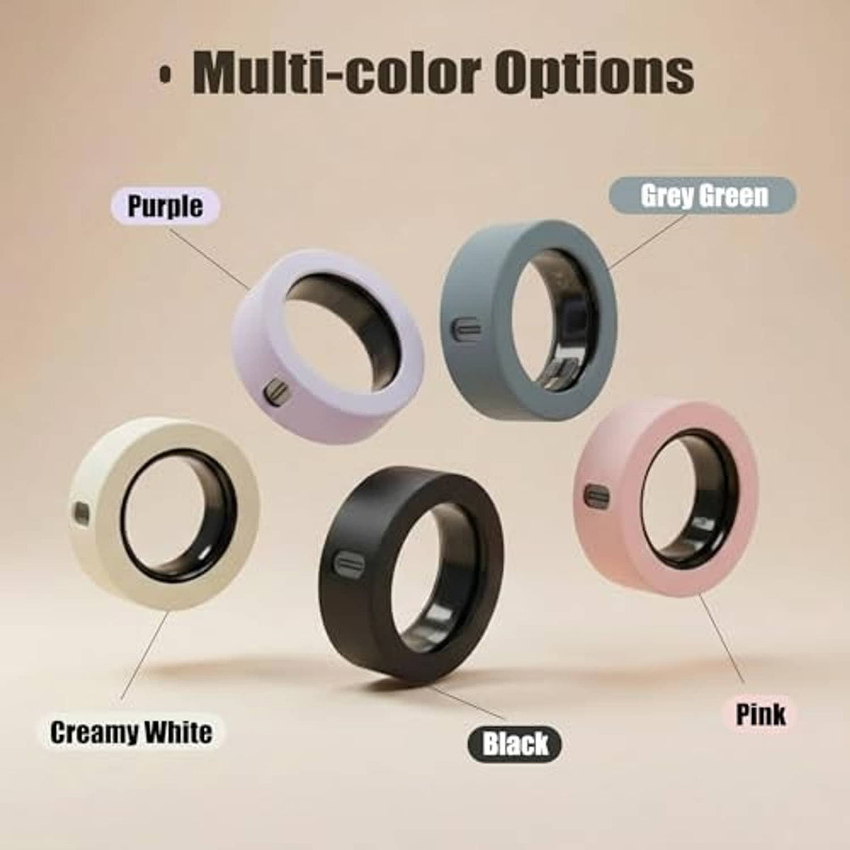 Assorted silicone ring covers: cream white, pink, black, grey green, and purple