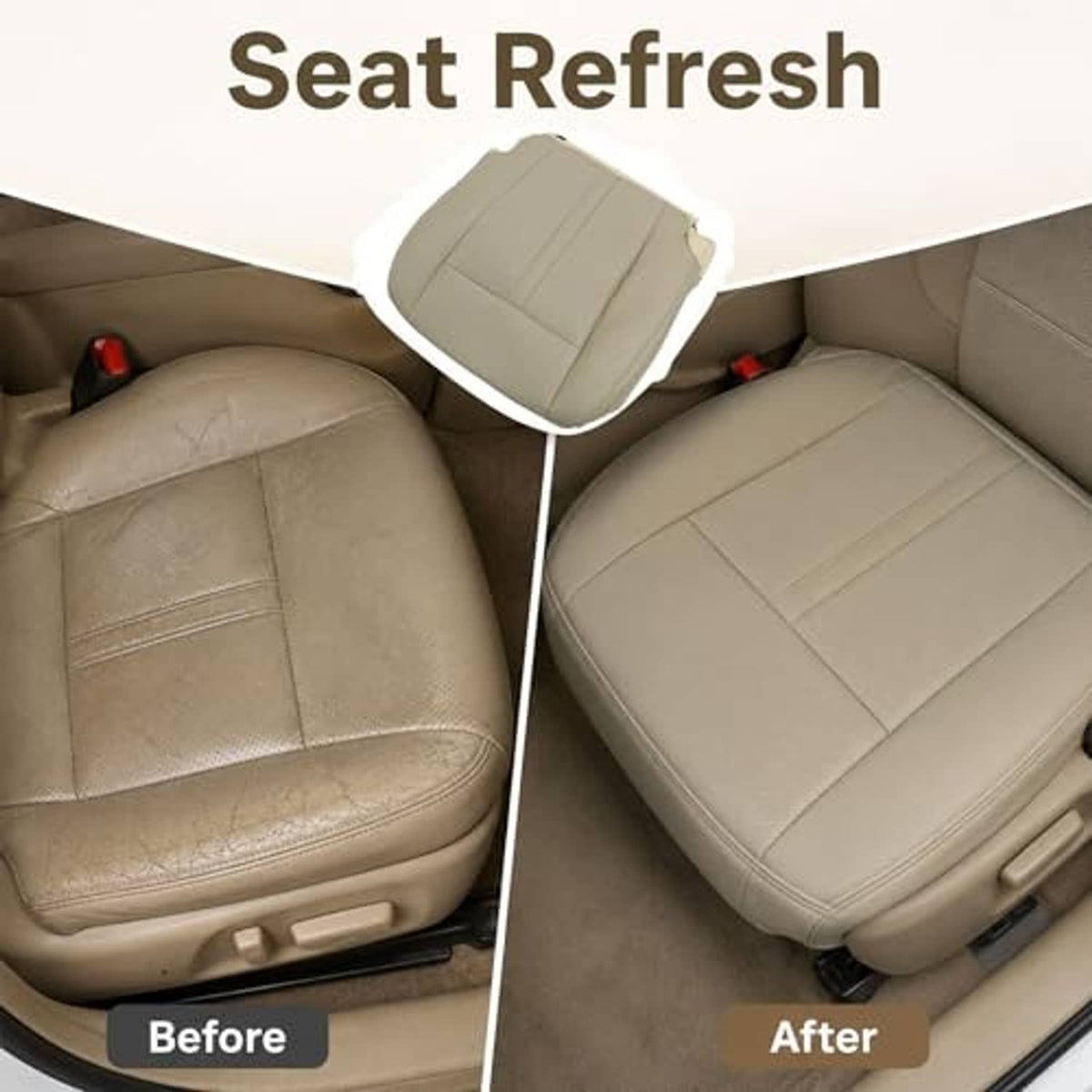 Tan leather seat bottom cover, driver side, shown on seat with detailed stitching.