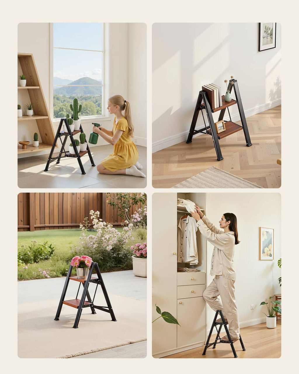 2-step ladder used indoors on a flat floor beside cabinets and plants