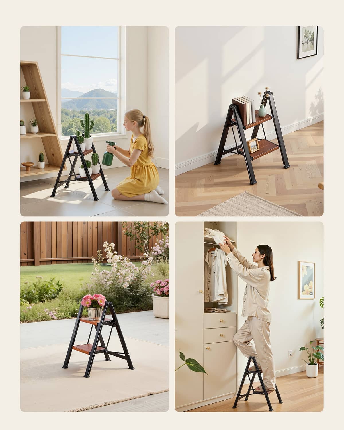 2-step ladder used indoors on a flat floor beside cabinets and plants