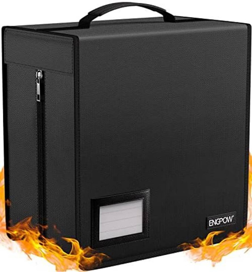 Black fireproof CD/DVD storage case with carry handle and front zipper pocket
