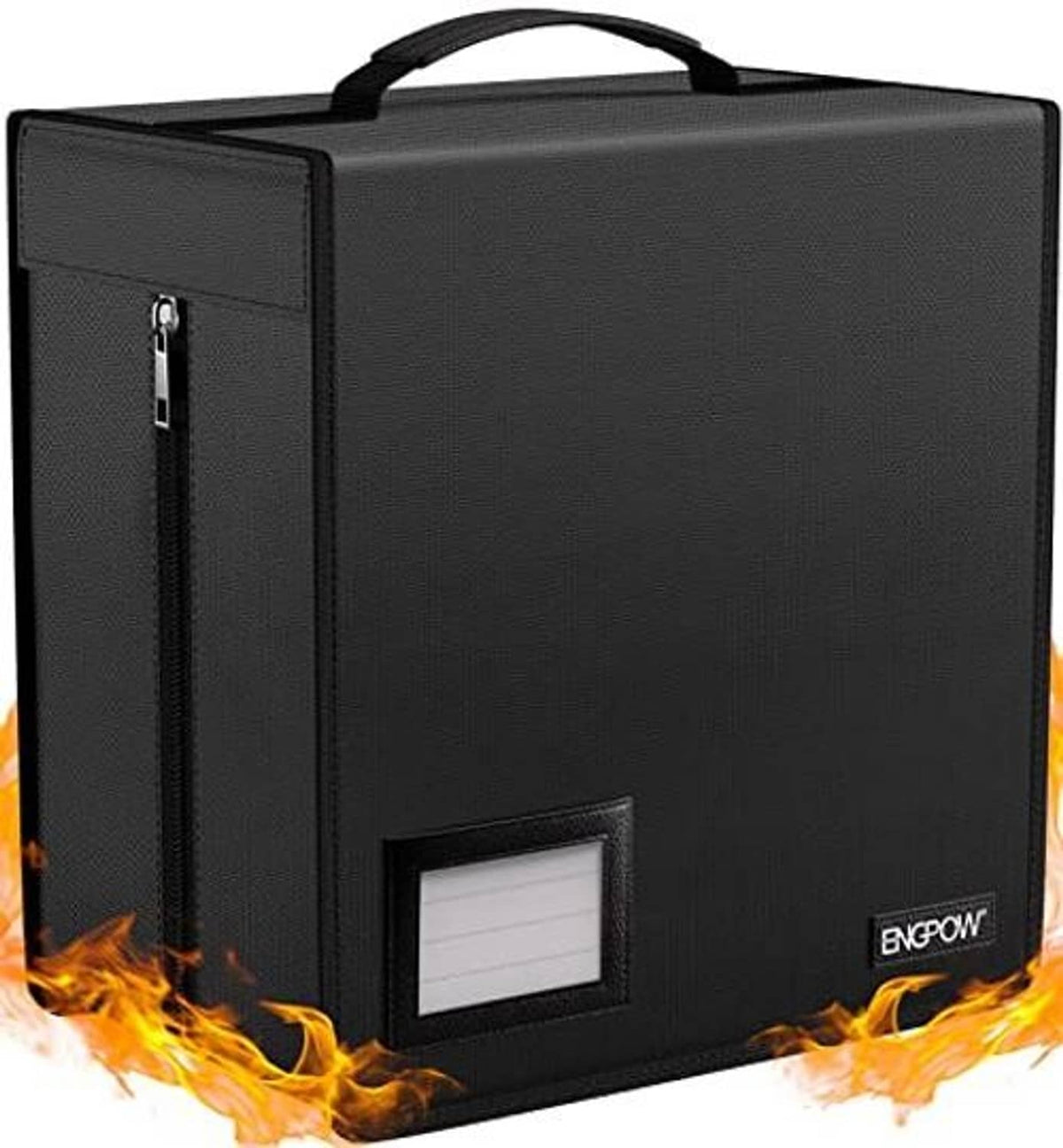 Black fireproof CD/DVD storage case with carry handle and front zipper pocket