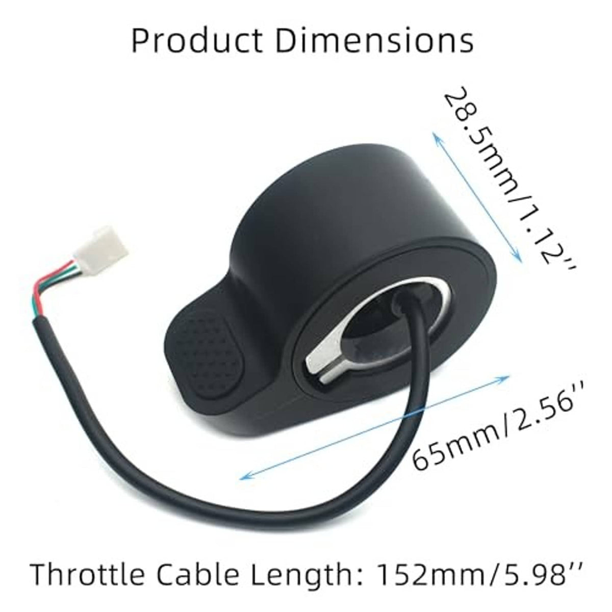 Electric scooter thumb throttle accelerator, black body with trigger and connected cable