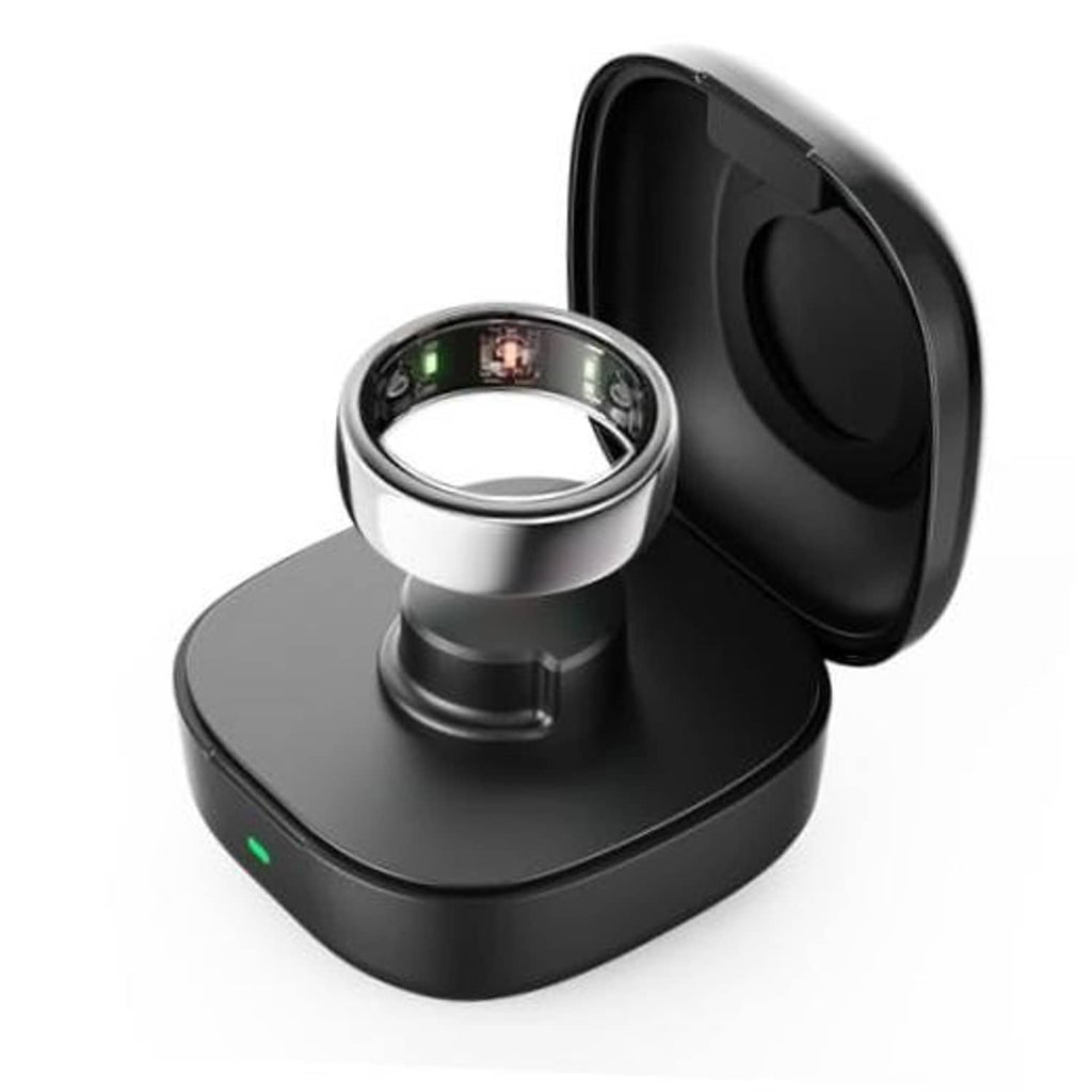 Wireless charging case with open lid and ring dock, black, with green status light
