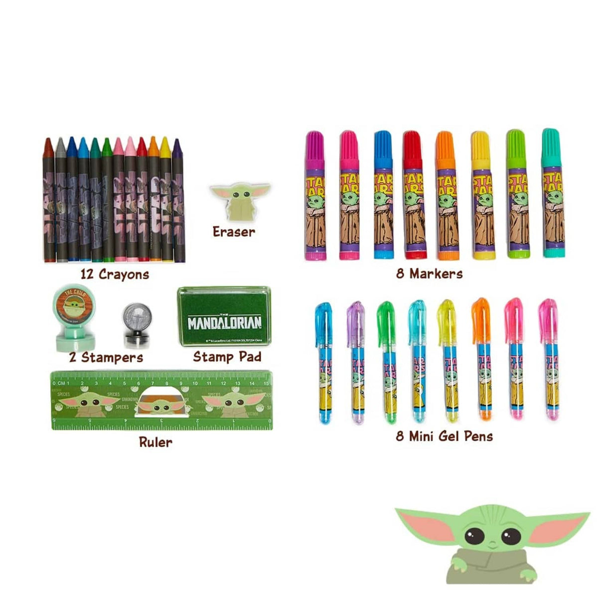 Mandalorian craft supplies: 12 crayons, 8 markers, stamp pad, ruler, stampers