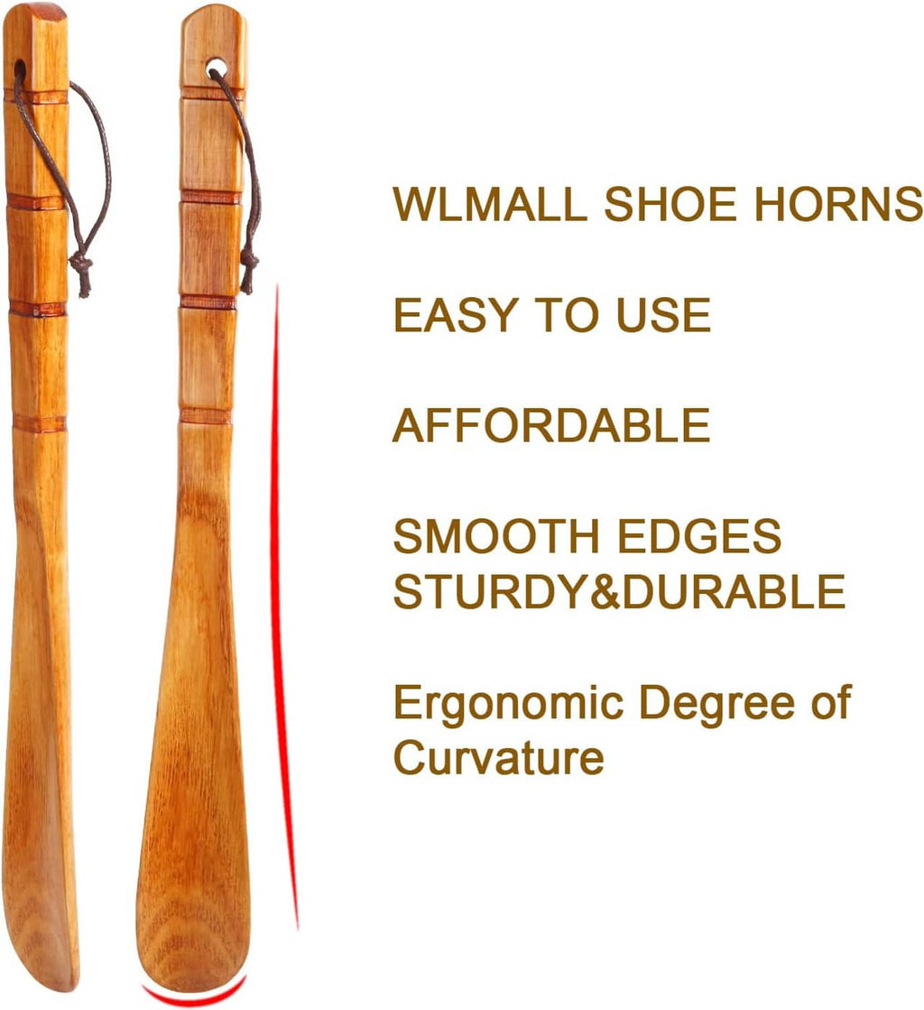 Pair of wooden shoe horns with curved paddles, brown handles, and hanging rope loops
