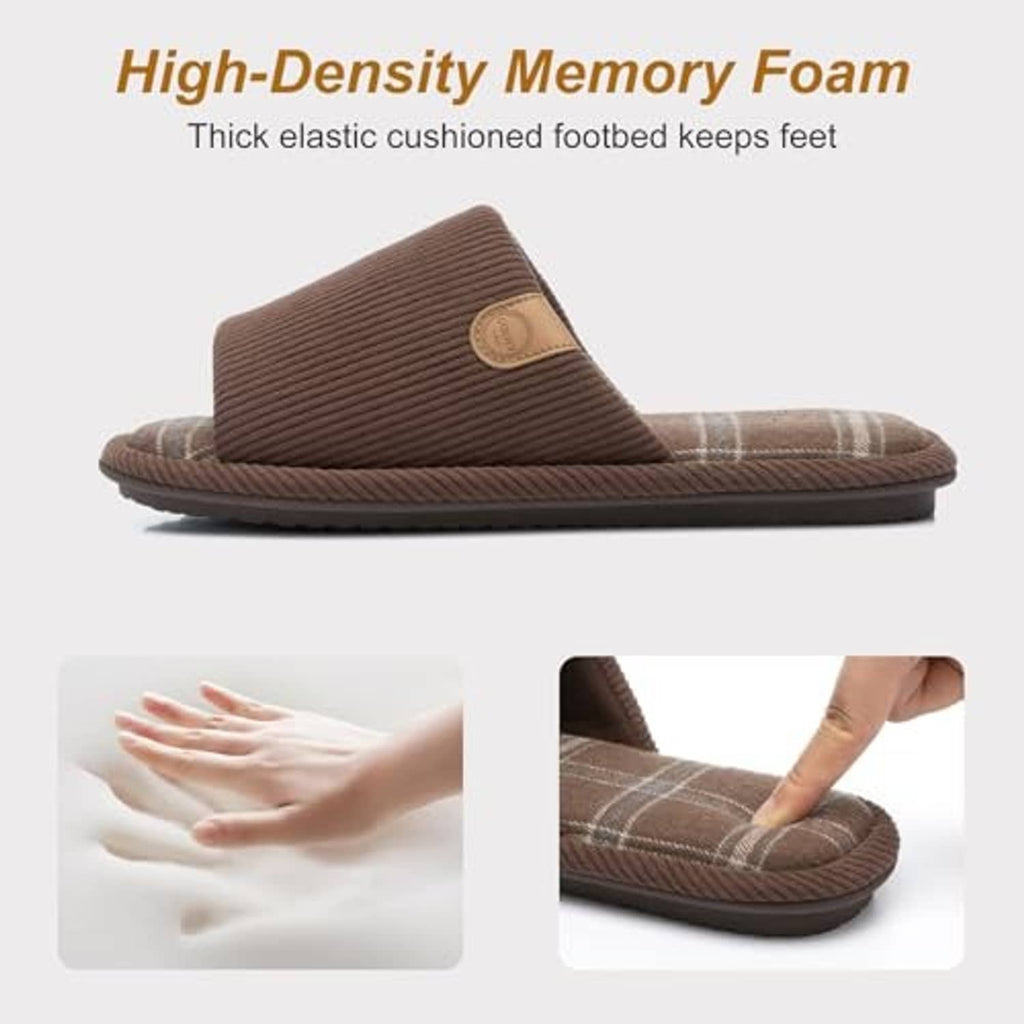 Brown corduroy slide slipper with thick cushioned footbed and plaid lining