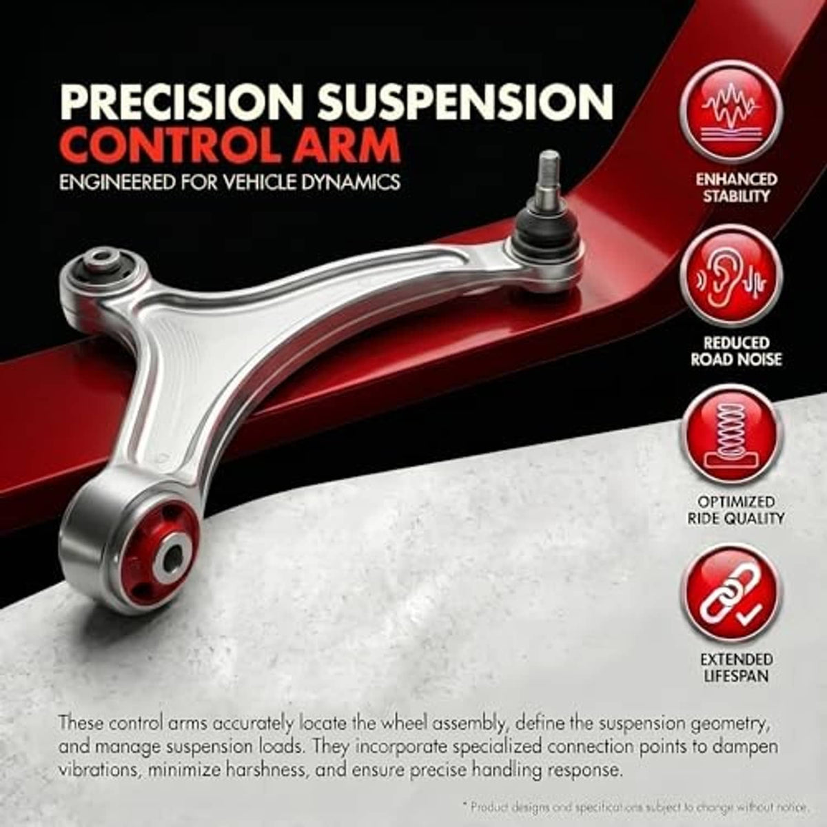 Suspension control arm promotional graphic featuring a control arm illustration and stability icons