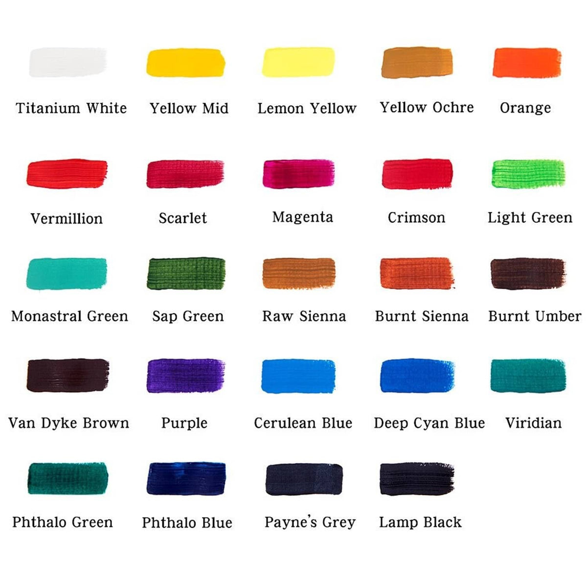 Acrylic paint color swatch chart showing 24 labeled color shades