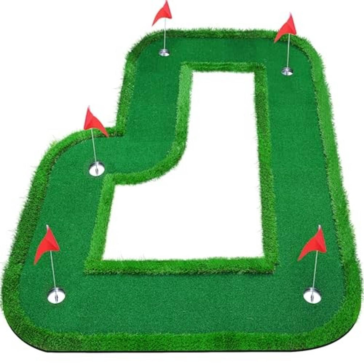 Green putting practice mat with inset square lane and red flag hole cups