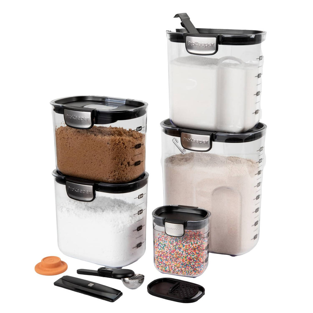 9-piece airtight food storage container set, clear plastic bins with black lids