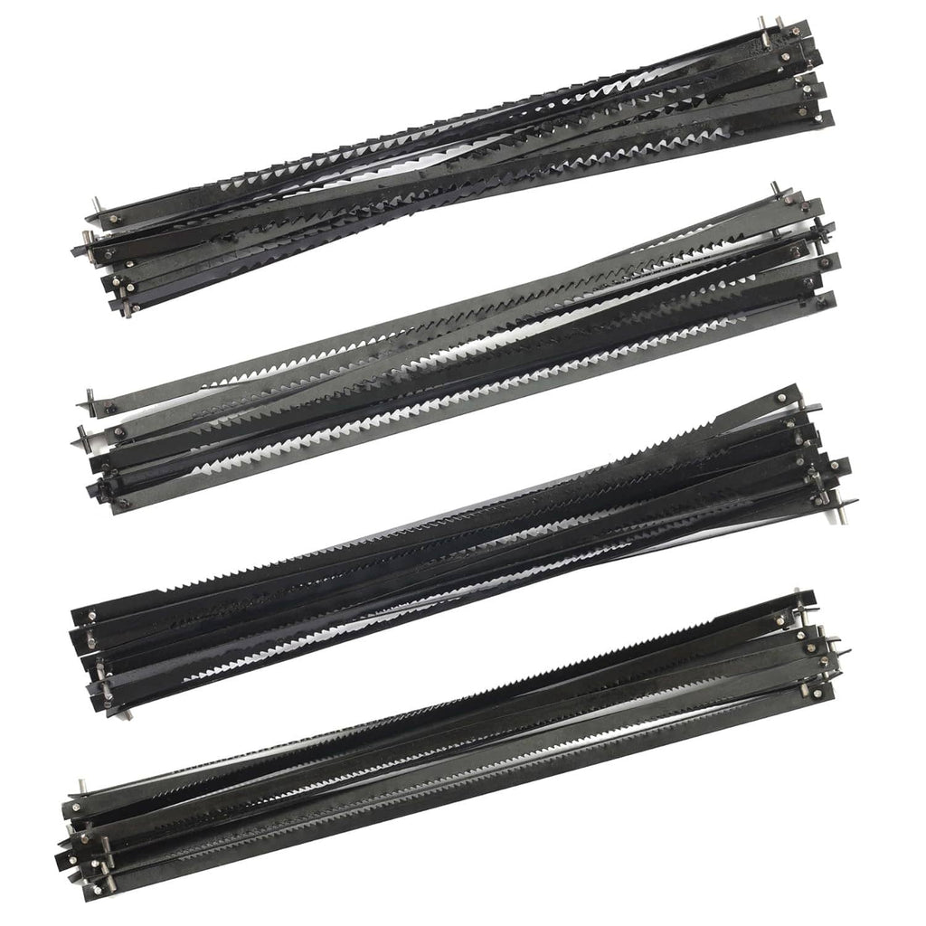 Set of dark pin-end scroll saw blades with toothed edge and metal mounting ends