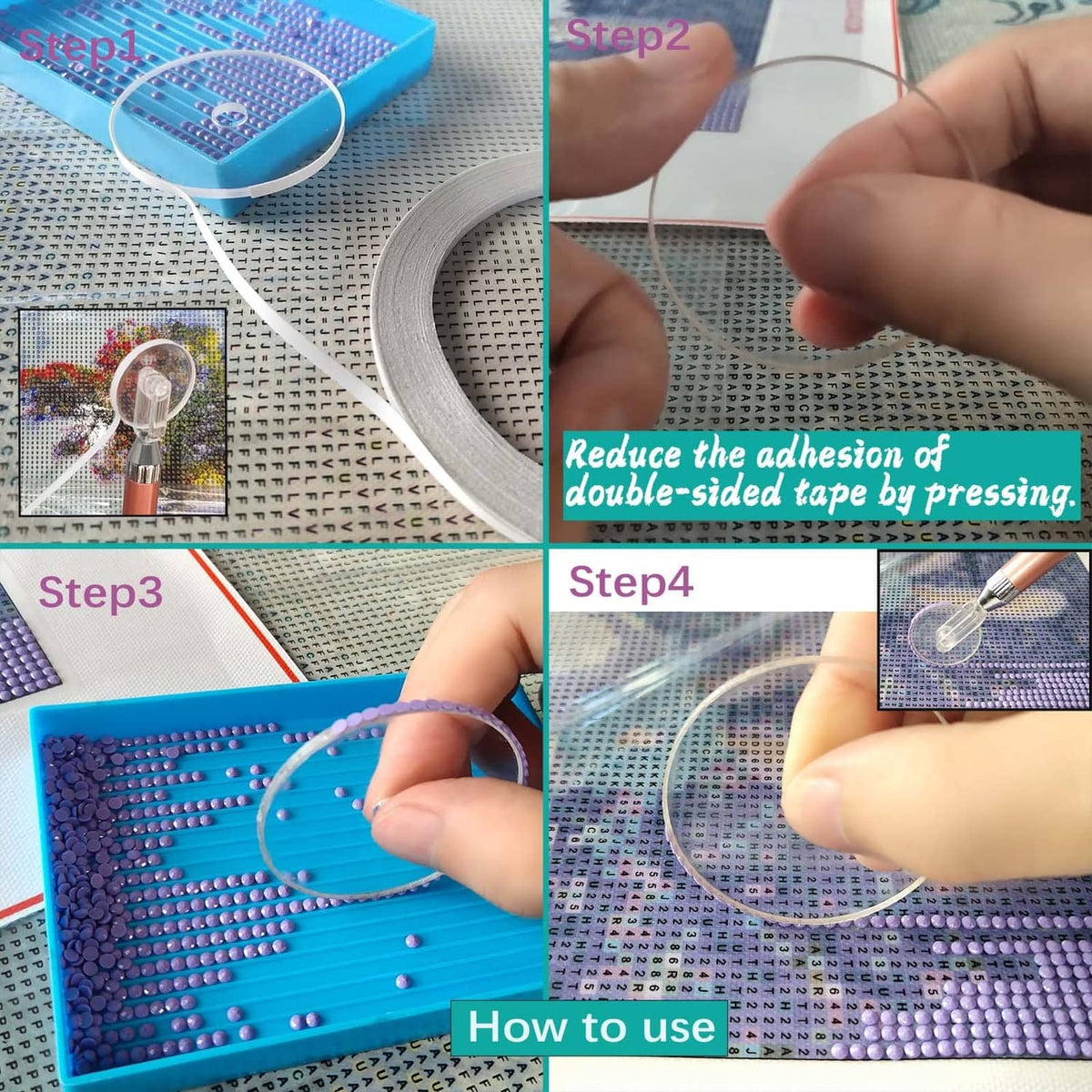 Diamond painting wheel tool applying double-sided tape along a curved edge
