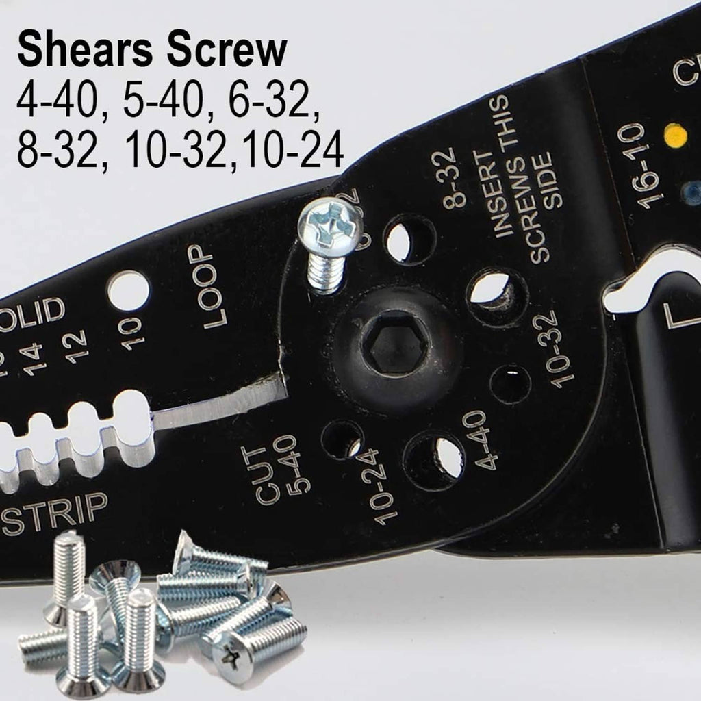 Wire stripping and crimping tool with shear screw for blade adjustment