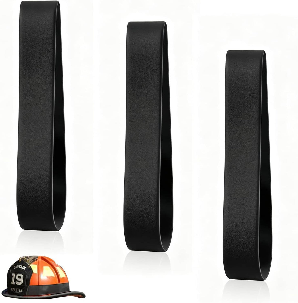 Three curved black rubber helmet strap bands for securing firefighter helmets